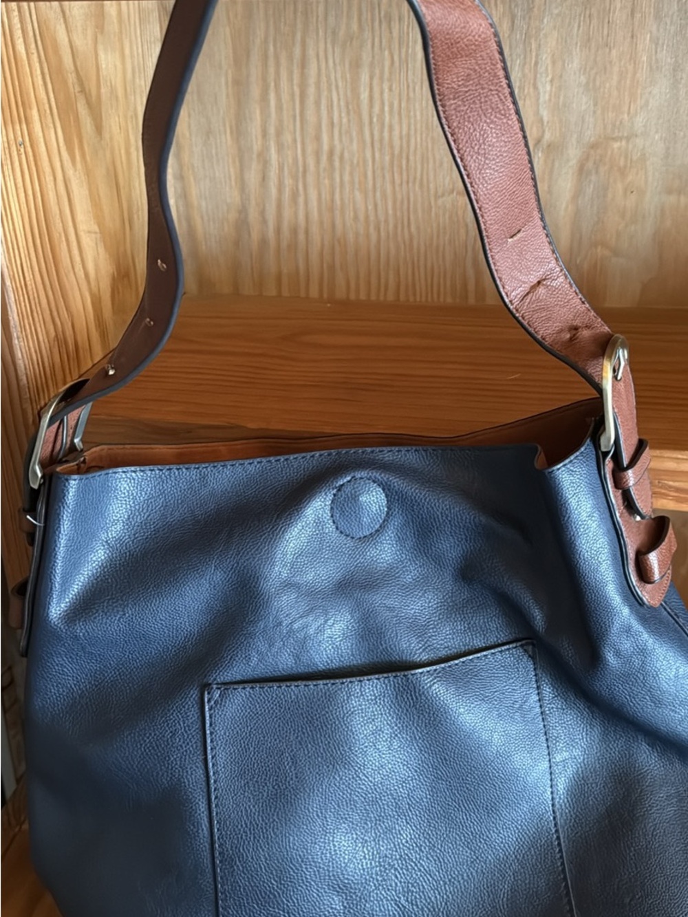 Leather Shoulder Bag - Black with Brown Strap